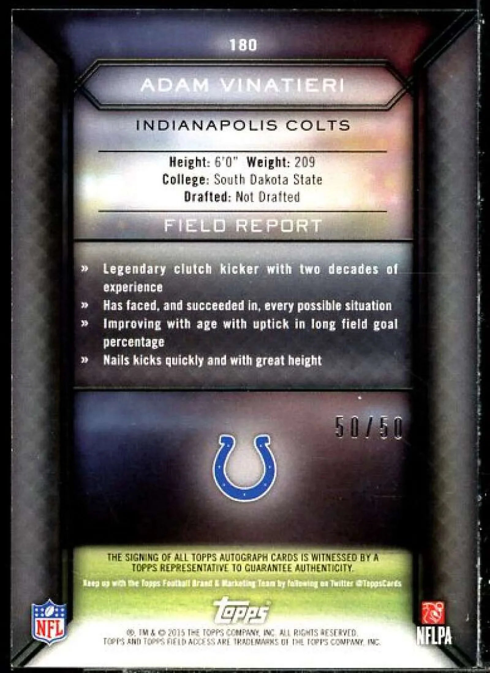 Card Vinatieri Green #180 Autographs Access Adam 2015 Field Topps