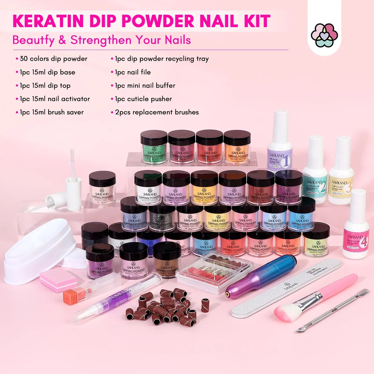 Oil Dip Dipping Powder and Drill Coat and Kit Powder Activator Cuticle Liquids Electric Nail Colors Drill with Keratin Nails Dip Saviland - with Set, Base Kit 30 Powder Top