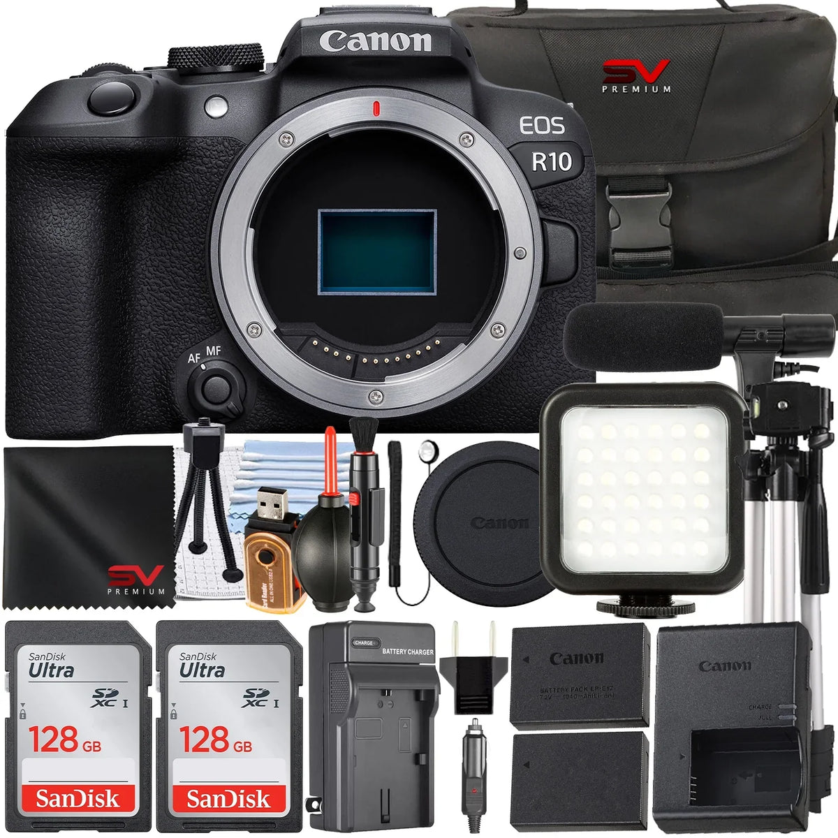 Mirrorless + Case Camera Memory 2 + Bundle with SanDisk Premium + SV R10 Canon LED EOS Accessory 128GB (Body Only) Flash Pack Card