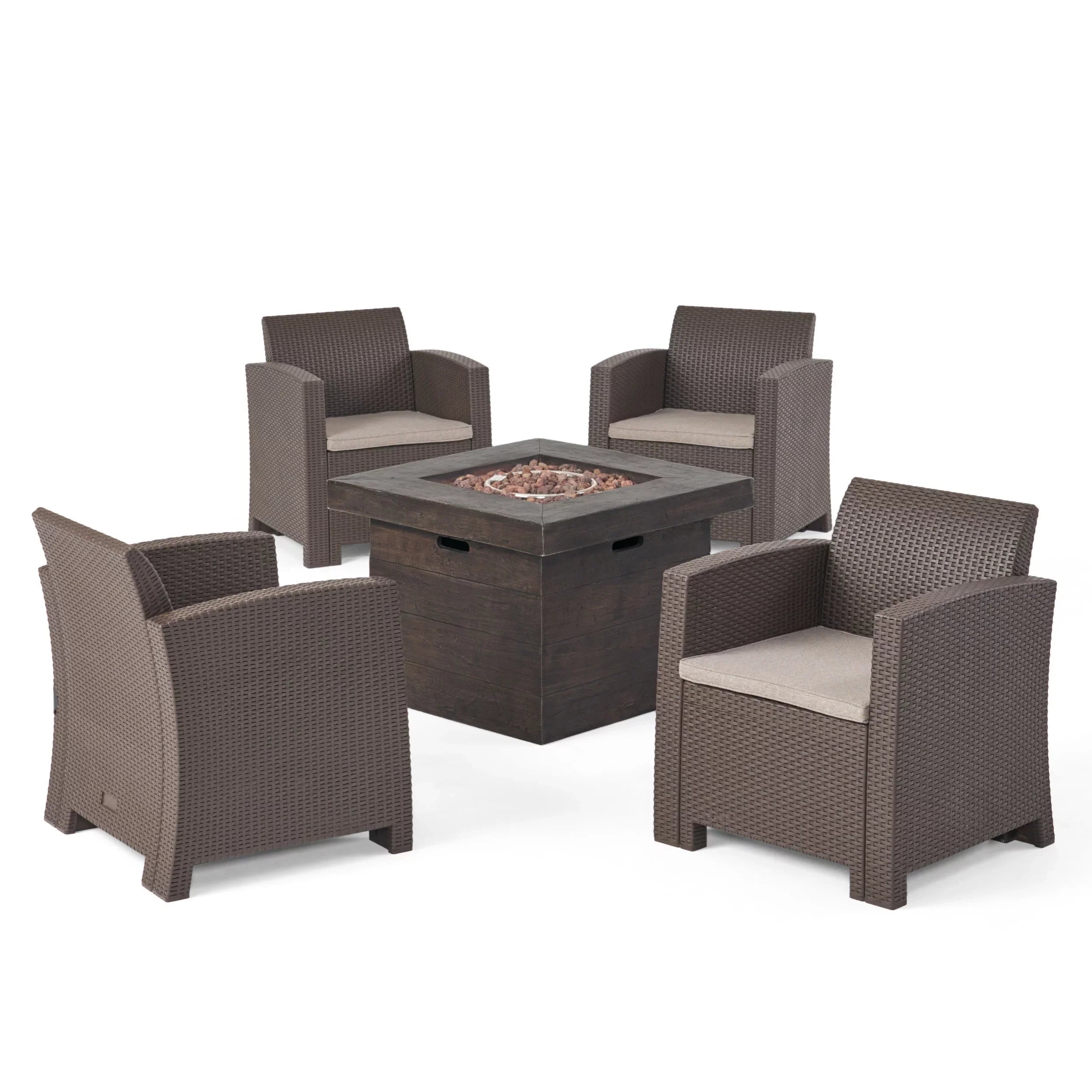 Outdoor with Brown Pit, Fire Beige Set Wicker Chat Club Chair 4-Seater Ollie and Mixed