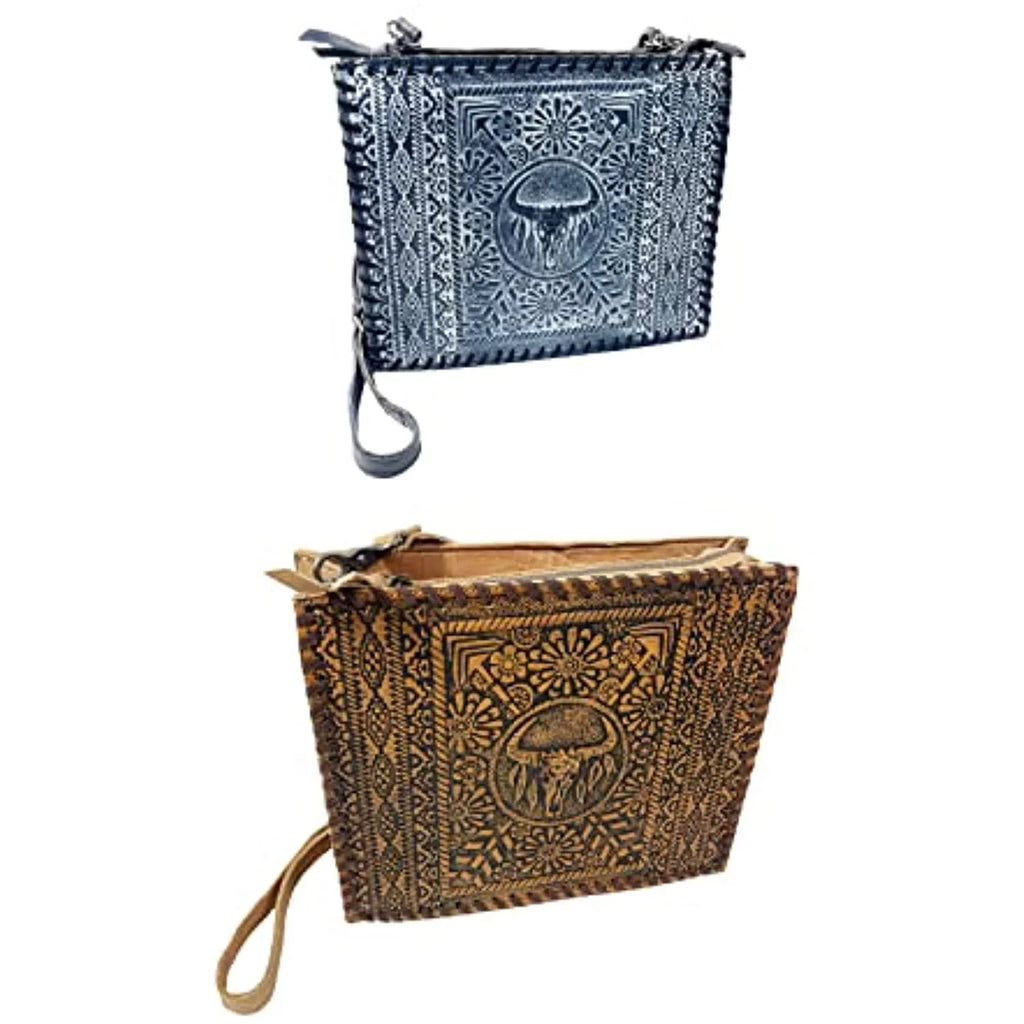 Skull Genuine Leather (Blue) Stitched Tote Large Cow Urbalabs Tooled Western Hand Longhorn Crossbody Handbag Purse Bag