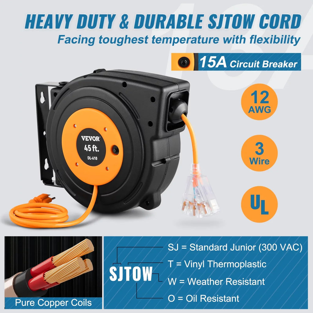 UL Cord Reel 45FT Extension Retractable BENTISM Power Reel 12AWG/3C SJTOW Cord