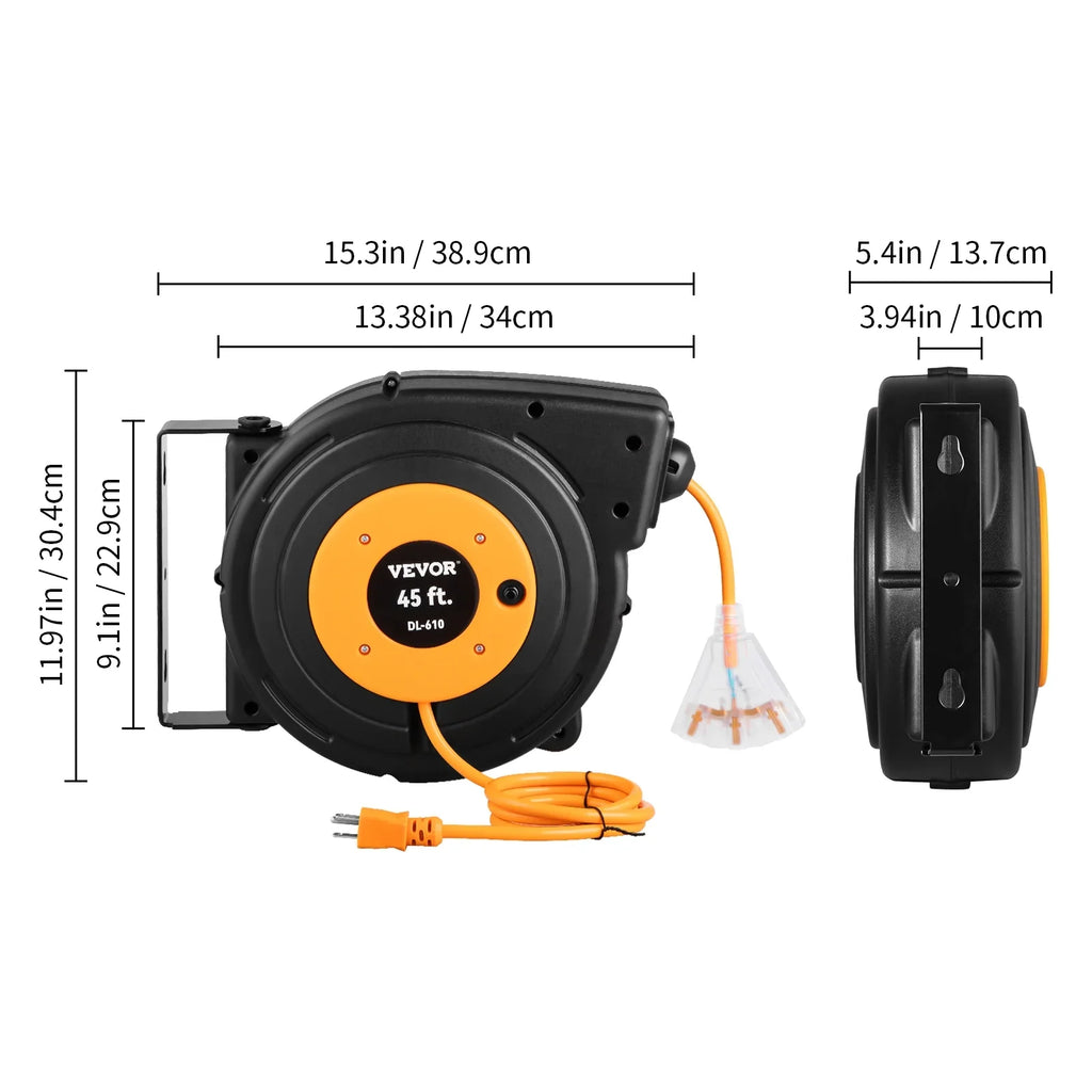 UL Cord Reel 45FT Extension Retractable BENTISM Power Reel 12AWG/3C SJTOW Cord