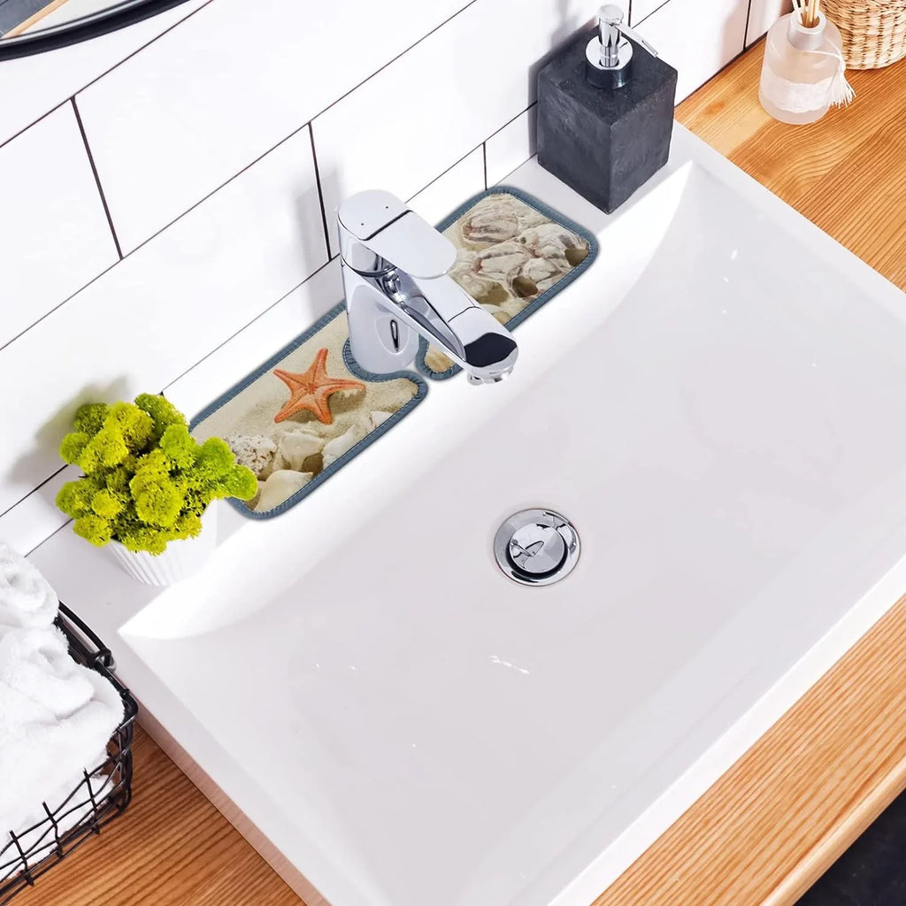 Guard Absorbent Bestwell Sea Sinkmat Beach Washable Bath Summer Kitchen Splash Countertop Sink 3PCS Faucet Mat, Catcher, Microfiber Starfishes Mats Drying Drip