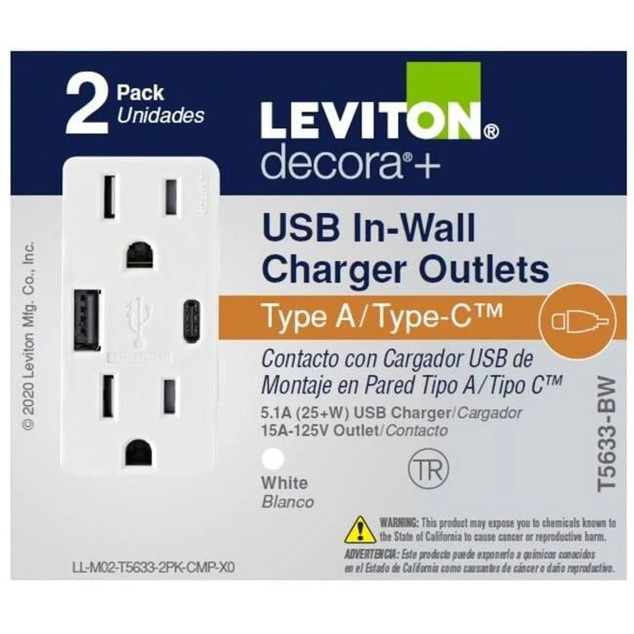 5-15 - C amps Decora of & Duplex, Type A, USB Outlet White Pack Leviton Charger Type 3006770 2 R 15