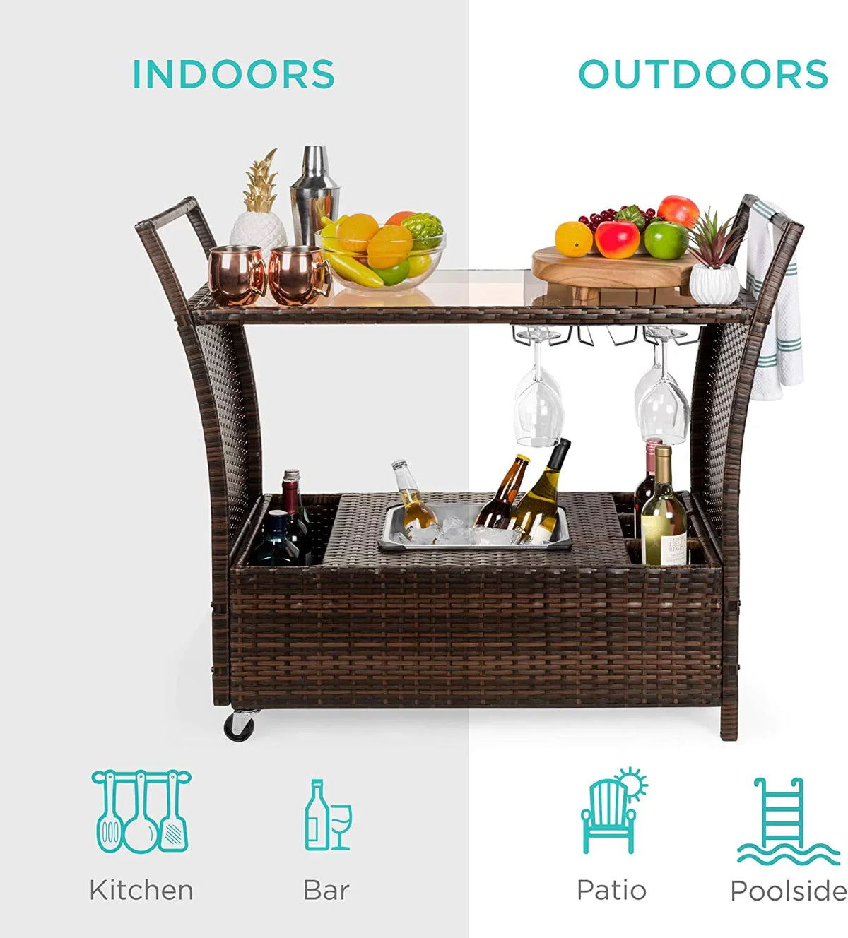 '- Storage Compartments w/Removable Countertop, Rolling Glass Brown Wicker Bar Ice Holders, Glass Cart Wine Bucket, Outdoor