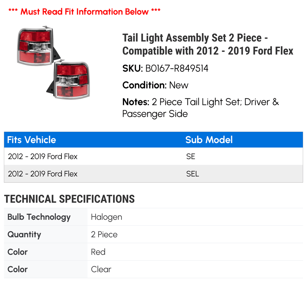 2015 Tail Flex - Piece Set with 2016 2013 2014 - 2019 Assembly 2018 Light 2017 2012 Ford Compatible 2