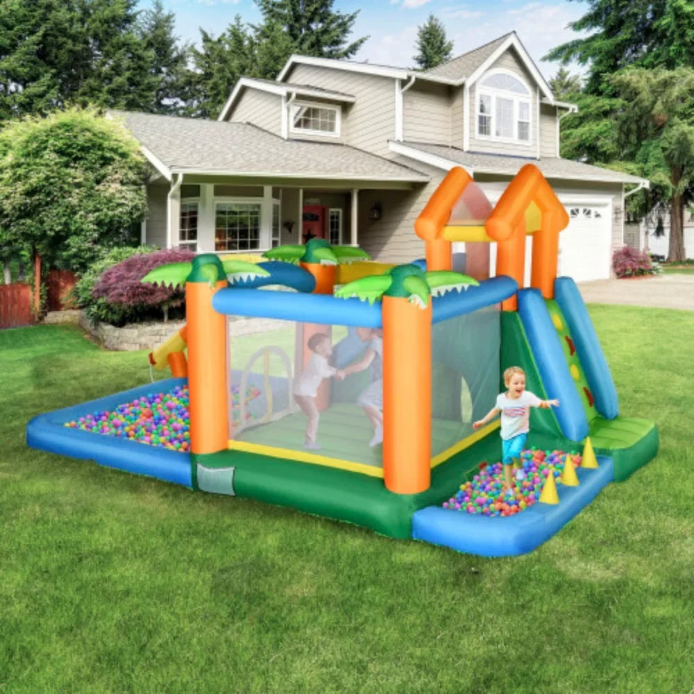 Jumping Summer Pool Air Bag, Trampoline Slide Wall Includes Floating and Patches 6-in-1 Climbing Water Inflatable Theme Blower Cannon Repair Outsunny Tropical Carry 450W Castle Ball Slide with