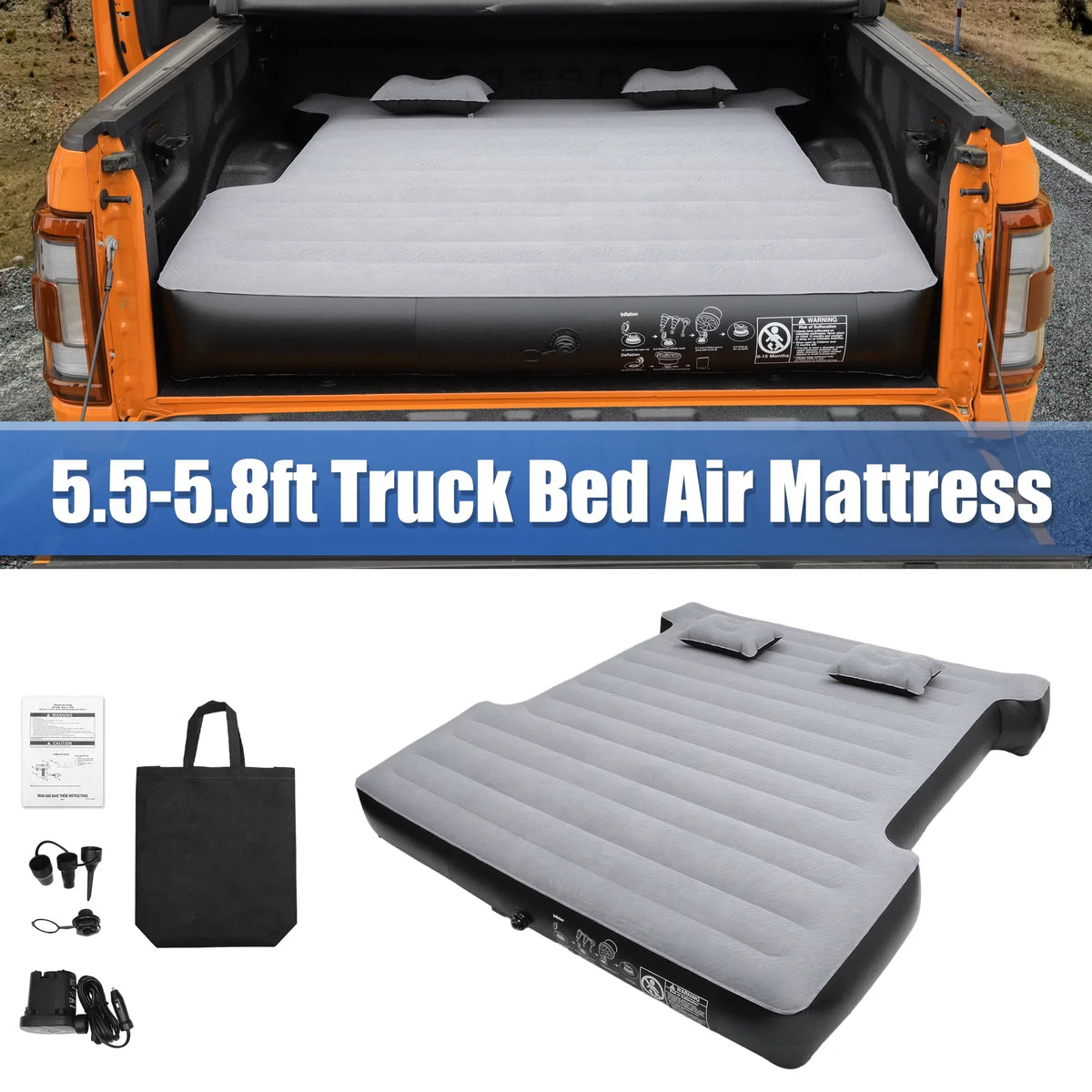 Bed Inflatable Bargains Truck PVC Pump Air Electric Gray with Thickened Full-Size Kit Short Universal 5.5-5.8ft Unique