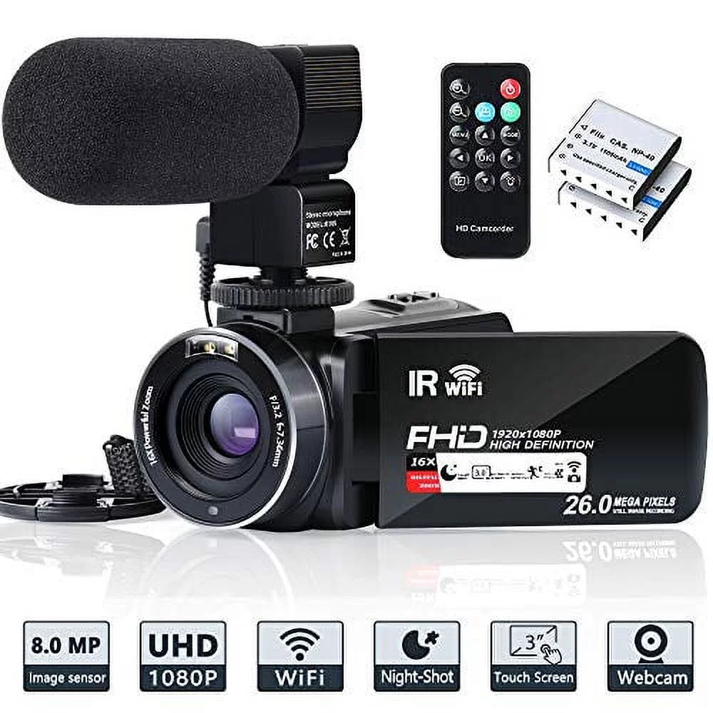 and Video 2 Vlogging Recorder YouTube with IR Zoom Camera Night Camcorder Camcorder Batteries Screen Vision FHD 3.0'' Touch Digital Camera Microphone,Remote 1080P WiFi 16X 30FPS 26MP