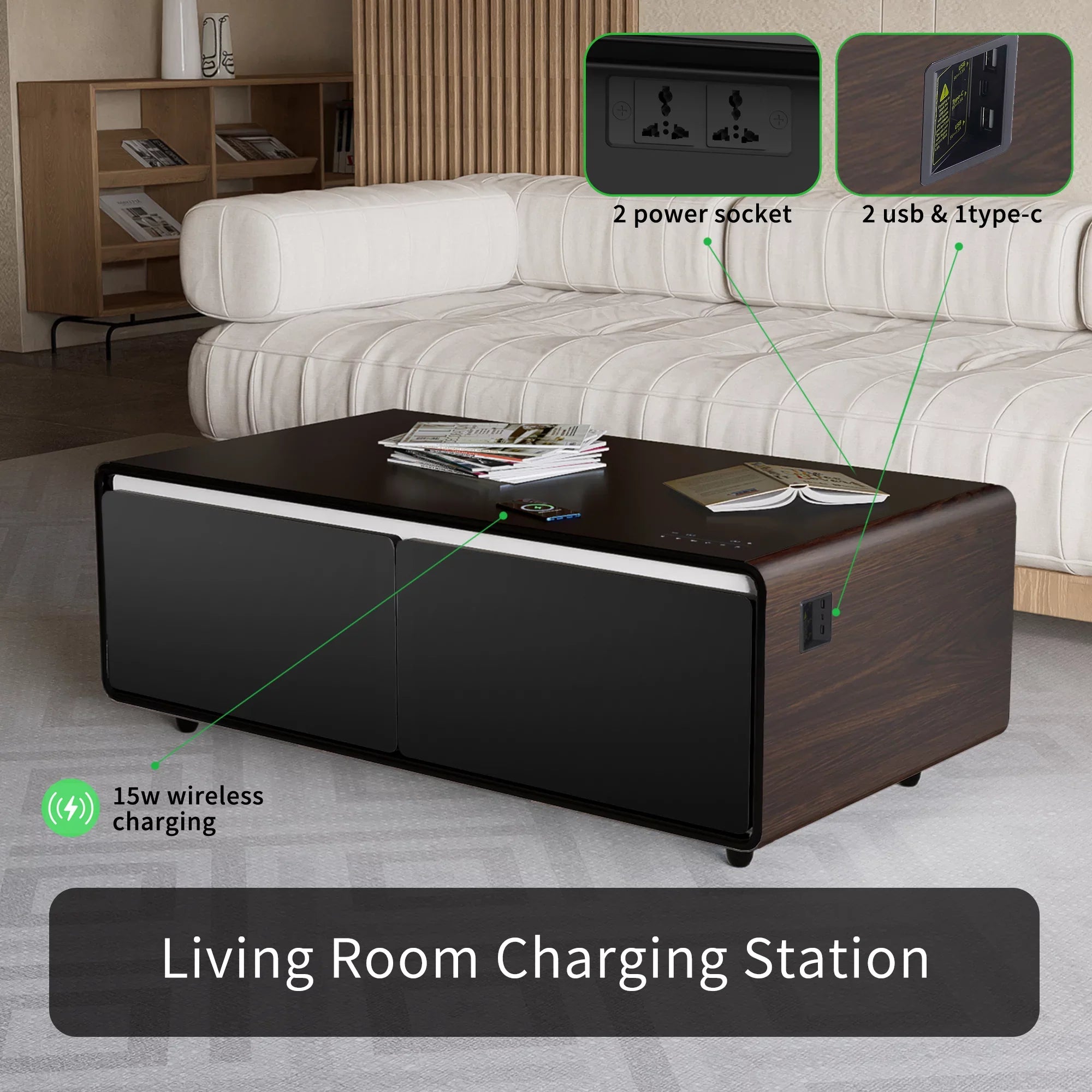Wireless Fridge, Protection, light, Panel, Table Charging Power Brown Bluetooth Modern Interface, Speaker, USB Smart Atmosphere Socket, with Module, Outlet Coffee Built-in Control Touch