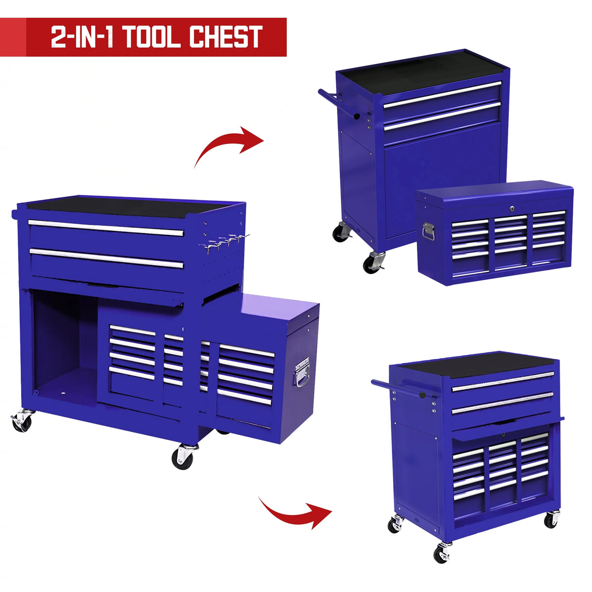 & Tool Tool Box, Wheels Chest 8 On 2-IN-1 Double Tool Box Drawers, Lockable Organizer Drawers, Cabinet Capacity Blue Chest with Drawers, with Sliding Rolling Large with Tool Hidden