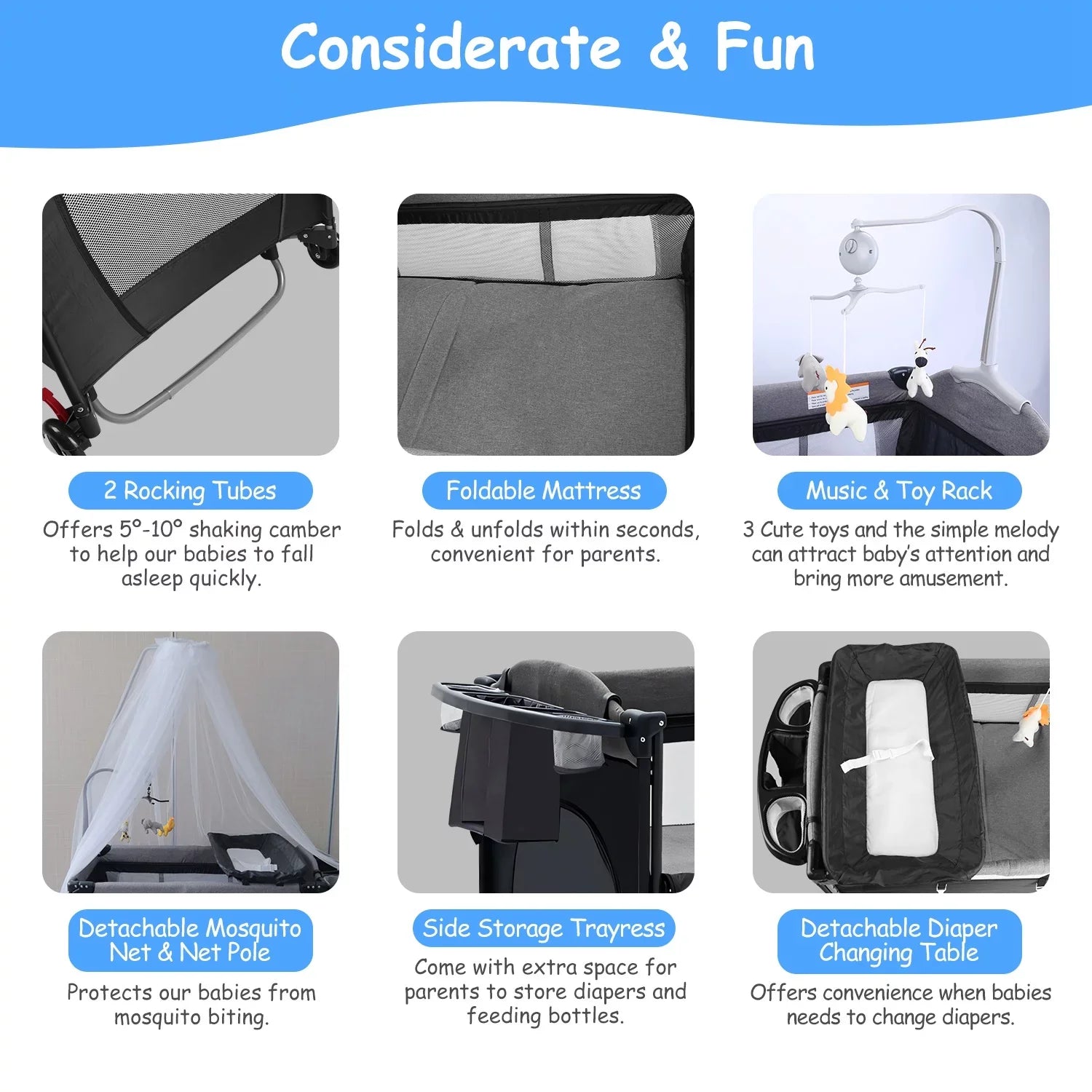 Changing Portable In Play Babe Music iMounTEK Center Trayand Box, Foldable Toys Babe Canopy, Nursery Storage Crib 1 Include Wheels, Yard, 6