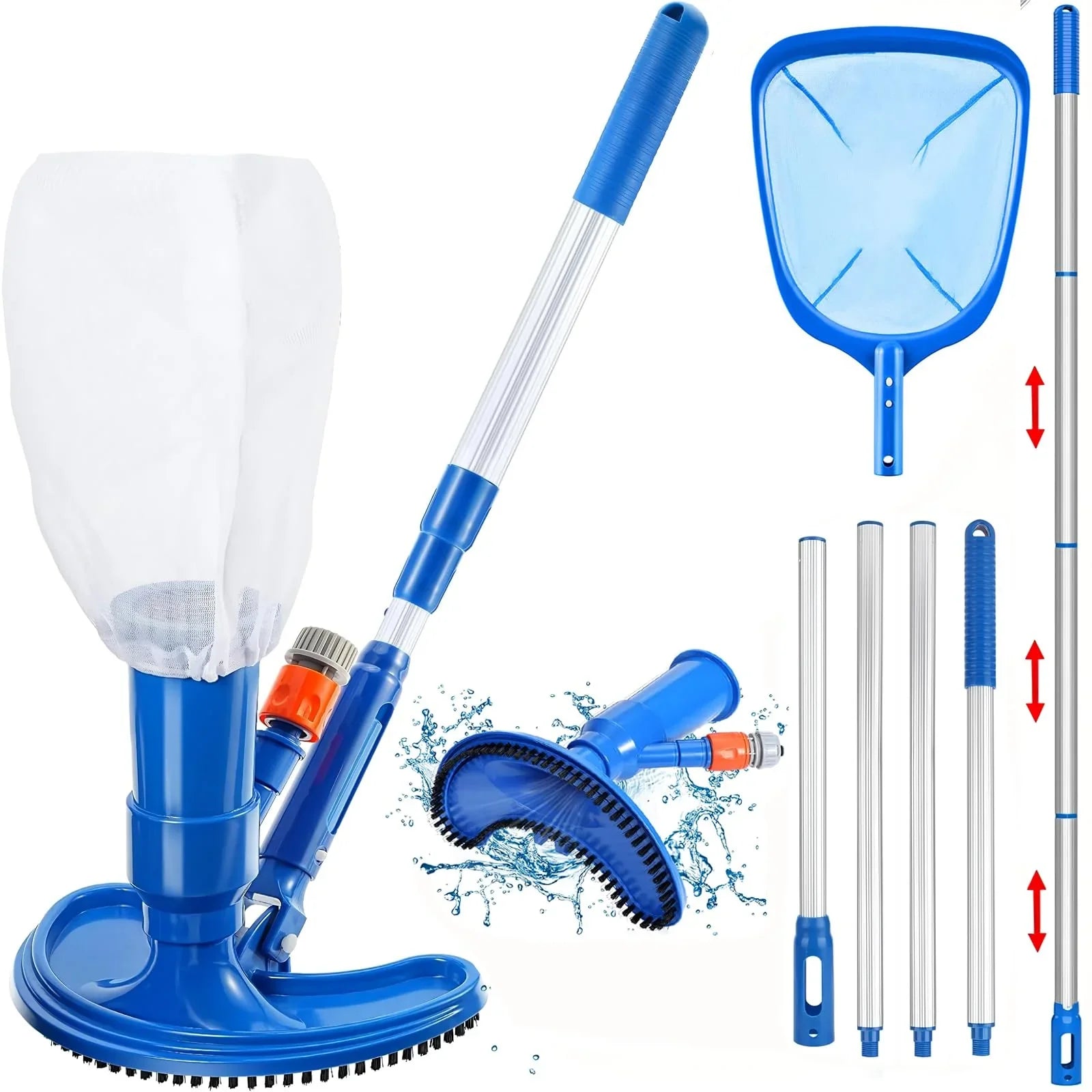 Pond Above Pool Pool Vacuum Poles Net, Jet to Handheld Hose Fountains Attaches Handheld Pool 4 Cleaner Skimmer Pool Garden Vacuum Cleaner Upgraded for with Portable Spa Section Ground of 60",