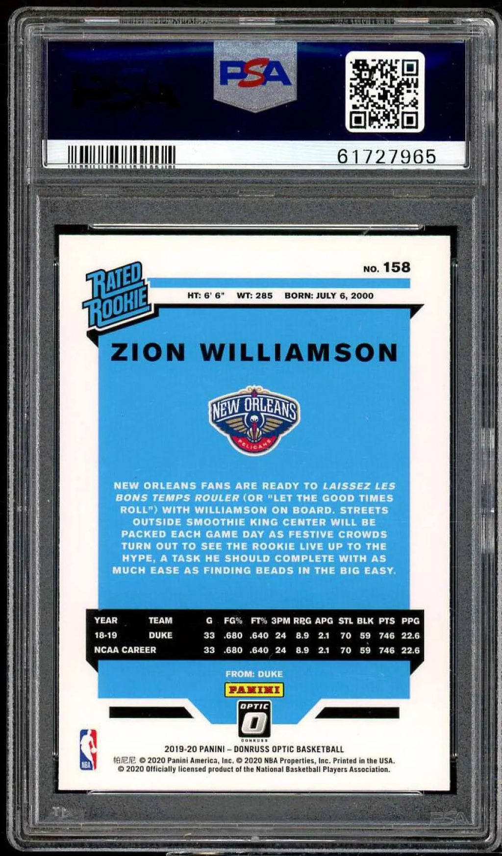 2019-20 Zion Card Optic 10 PSA Donruss Panini #158 Williamson Rookie