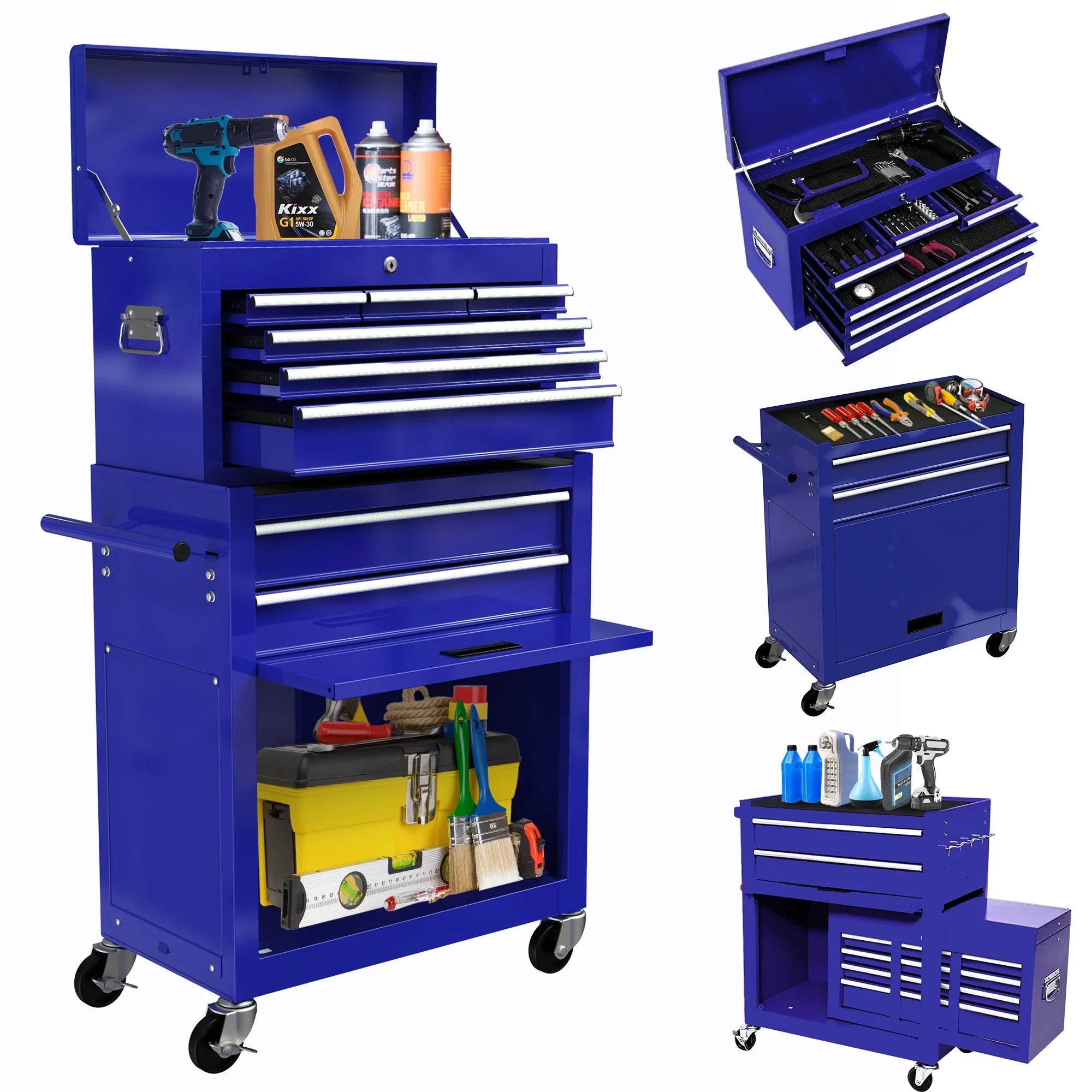 & Tool Tool Box, Wheels Chest 8 On 2-IN-1 Double Tool Box Drawers, Lockable Organizer Drawers, Cabinet Capacity Blue Chest with Drawers, with Sliding Rolling Large with Tool Hidden