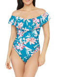 Lace-up Garden Ruffled Swimsuit Women's Shoulder Off BLANCA Blue Back LA Lined Stretch Piece Floral 4 Cup One Molded Ruched The