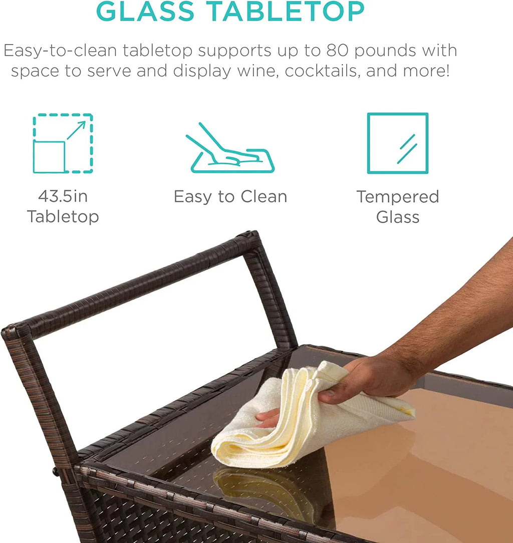 '- Storage Compartments w/Removable Countertop, Rolling Glass Brown Wicker Bar Ice Holders, Glass Cart Wine Bucket, Outdoor