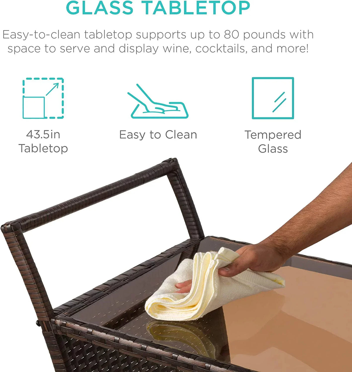 '- Storage Compartments w/Removable Countertop, Rolling Glass Brown Wicker Bar Ice Holders, Glass Cart Wine Bucket, Outdoor
