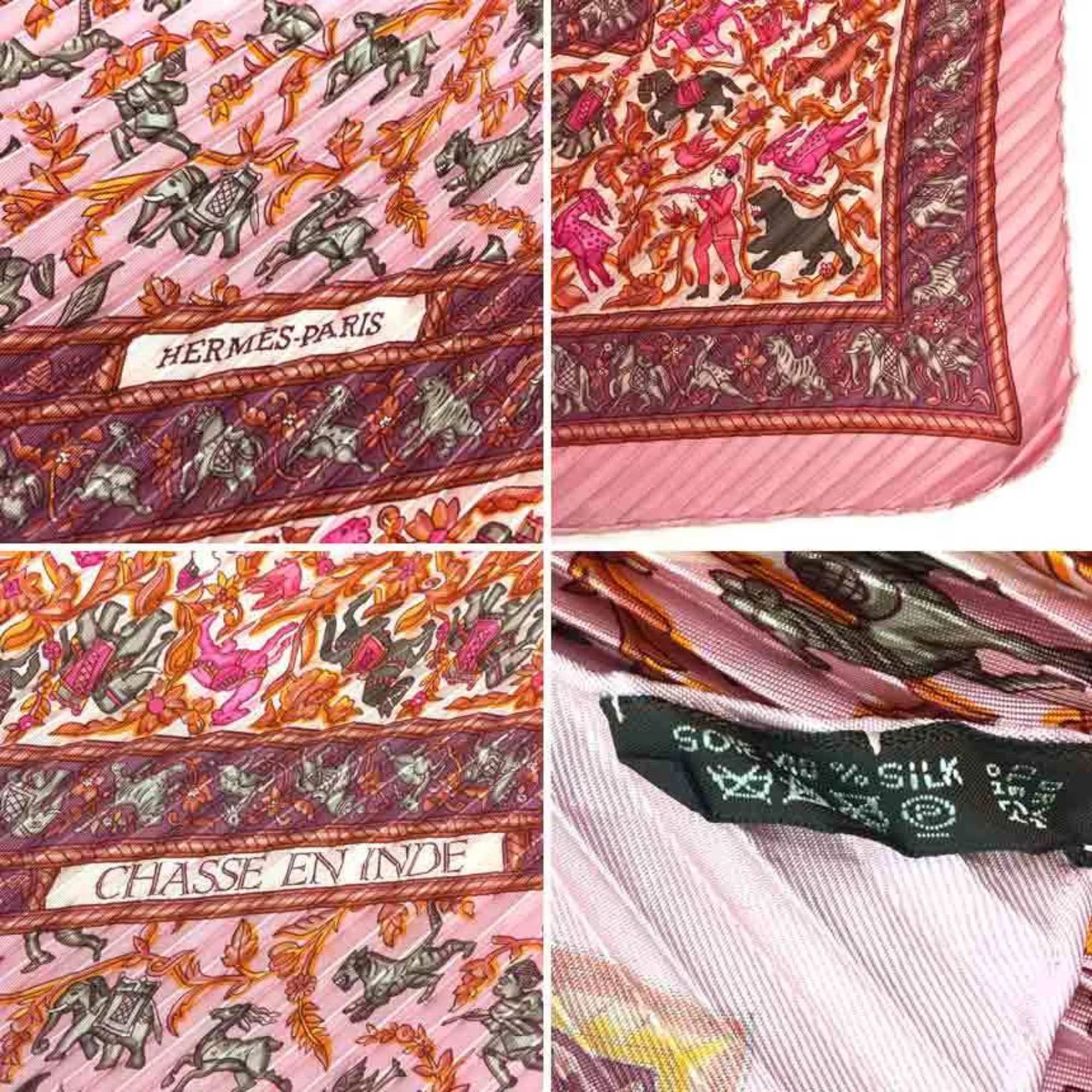 Carre Scarf Pink aq5273 CHASSE Silk Hermes 100% Women's INDE Indian Pleated New) HERMES EN Hunting (Like 90 Pre-Owned
