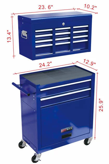 & Tool Tool Box, Wheels Chest 8 On 2-IN-1 Double Tool Box Drawers, Lockable Organizer Drawers, Cabinet Capacity Blue Chest with Drawers, with Sliding Rolling Large with Tool Hidden