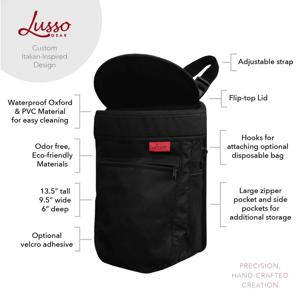 Car | with Hang Can Stitching Trash 2.5 Leakproof Gallon, | | Flip Removable Garbage Hanging, | Capacity, with Large Vinyl Lid Bin or Black Open Lusso Gear | Liner Red Mount
