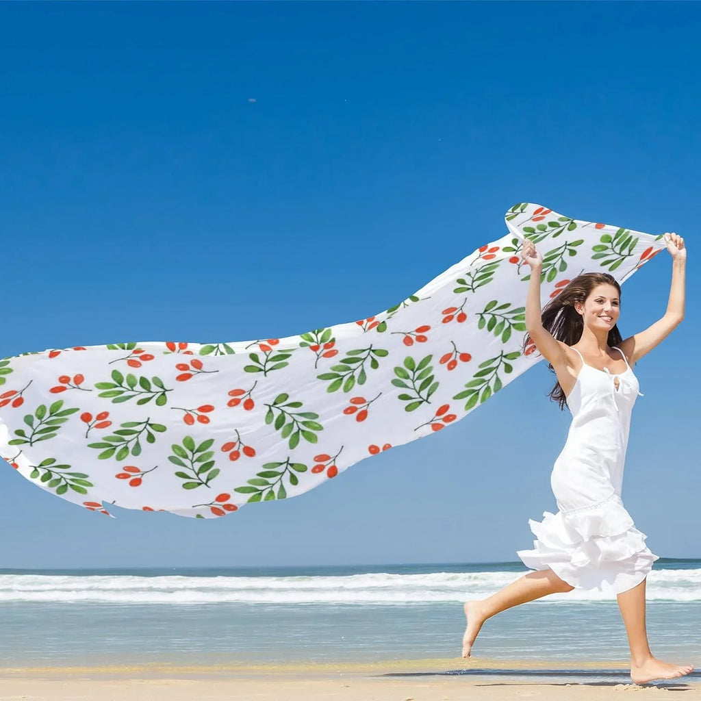 White Watercolor Pattern Lightweight Long Neck for Wrap Scarf Shawl on Hyjoy Silk Floral Girls Women Scarves