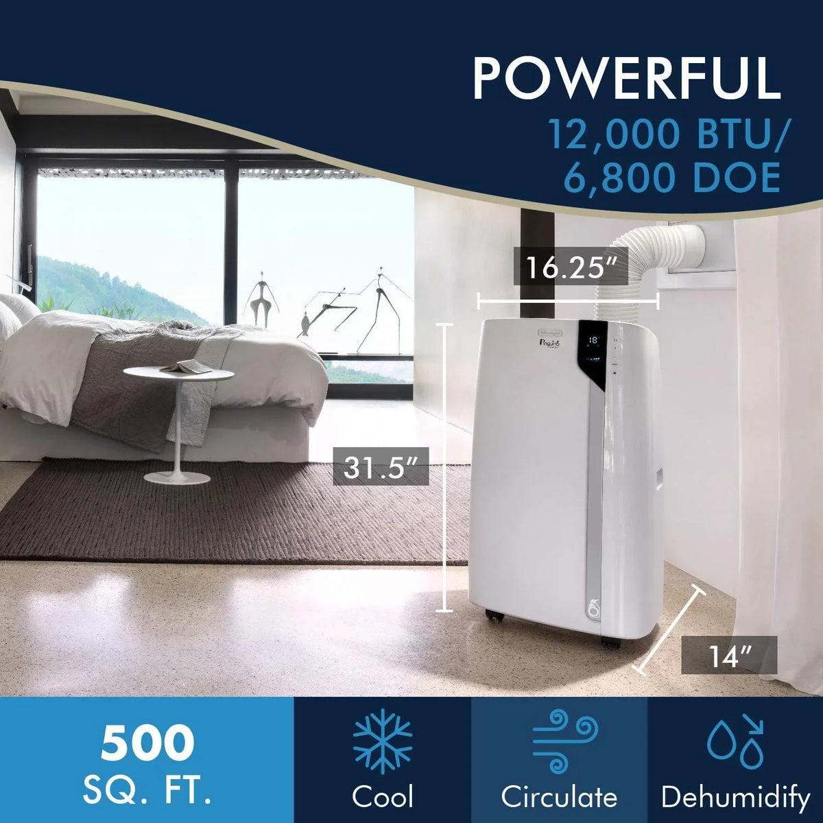 Ft BTU, Conditioner, White Conditioner WH DeLonghi Sq remote, White Bluetooth 12,000 Portable Pinguino Air 500 PACEX360LVYN