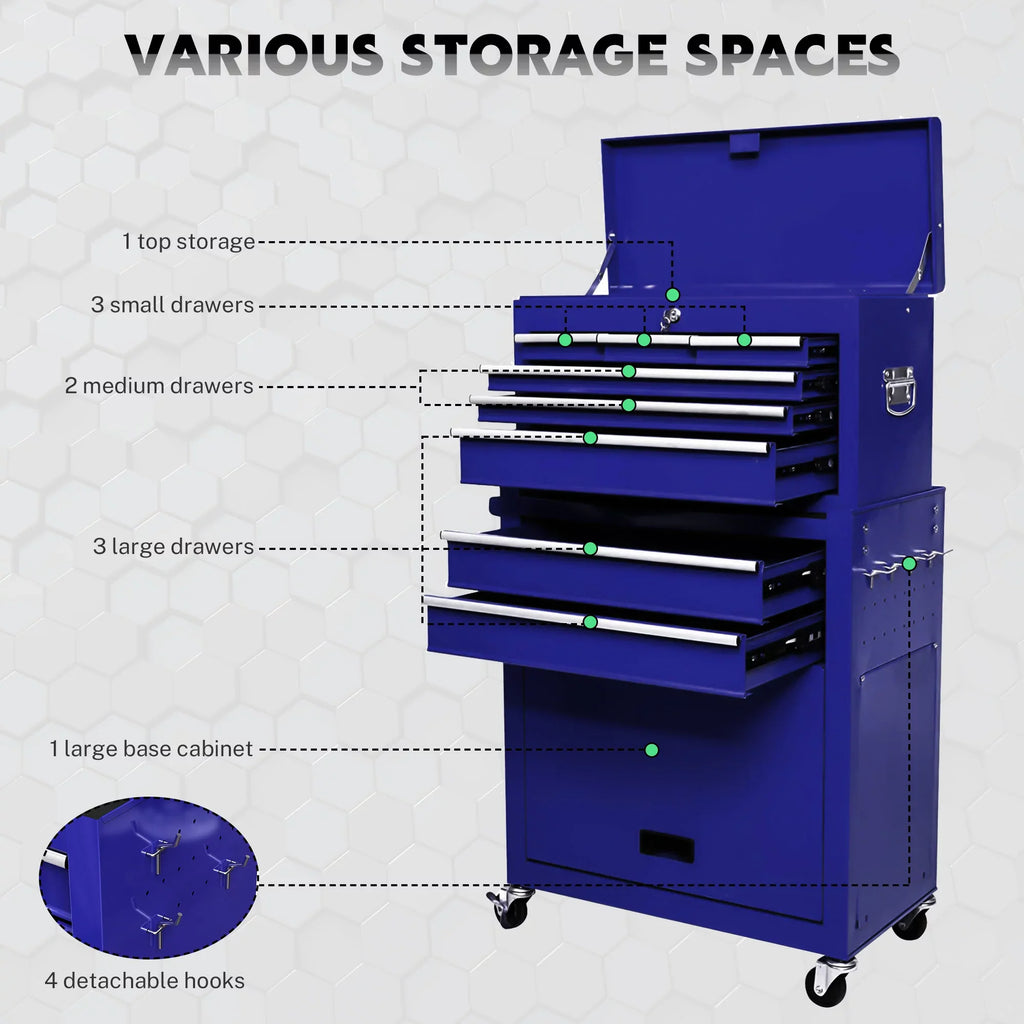 & Tool Tool Box, Wheels Chest 8 On 2-IN-1 Double Tool Box Drawers, Lockable Organizer Drawers, Cabinet Capacity Blue Chest with Drawers, with Sliding Rolling Large with Tool Hidden