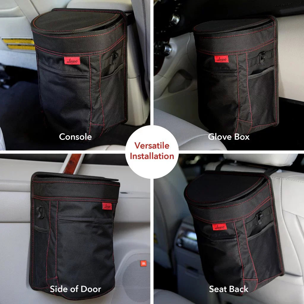 Car | with Hang Can Stitching Trash 2.5 Leakproof Gallon, | | Flip Removable Garbage Hanging, | Capacity, with Large Vinyl Lid Bin or Black Open Lusso Gear | Liner Red Mount