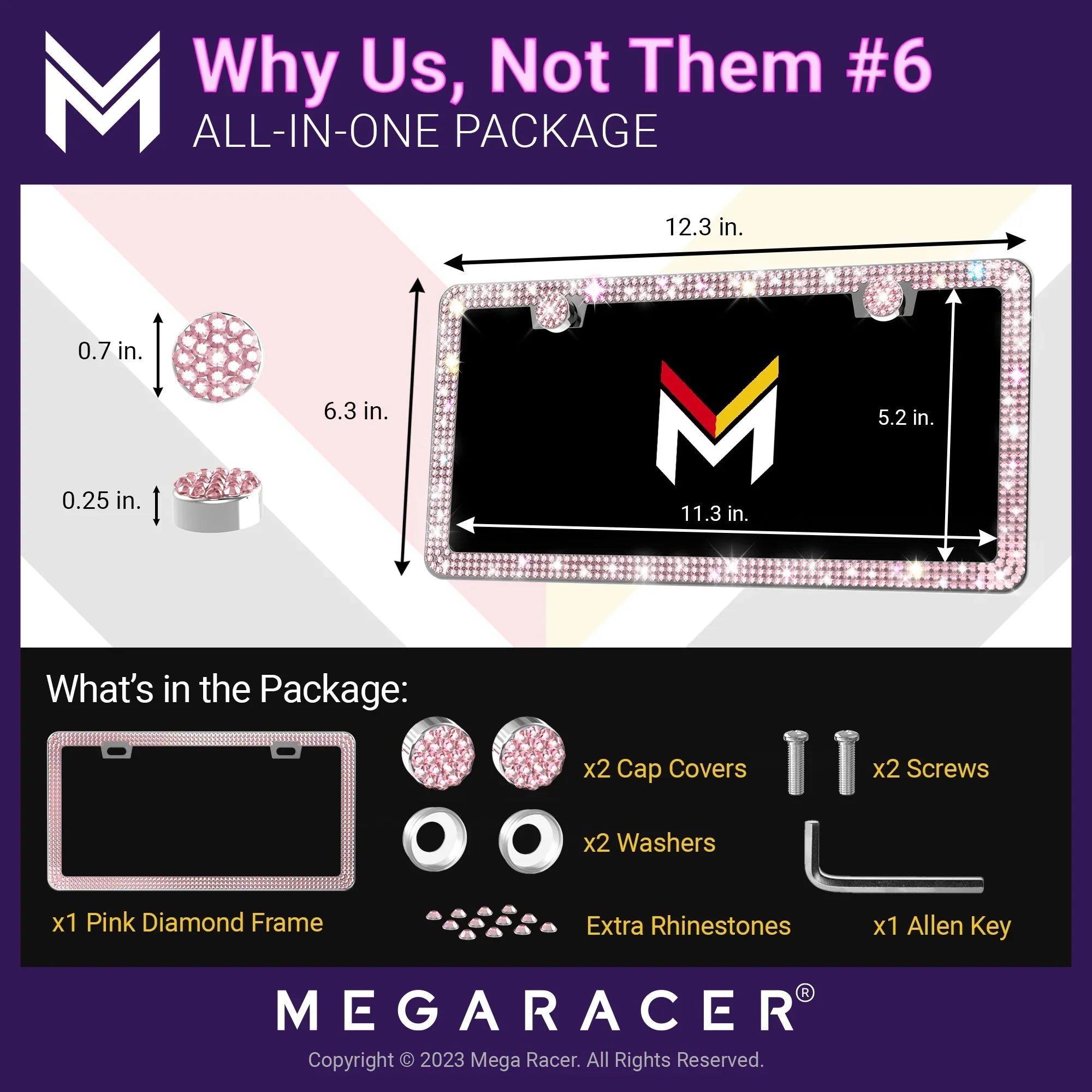 Racer Plate - Bling Frame Mounting Cruiser Holes License PT with 01 2 Frames Pink 2001 Cruiser Plate License Screws, - Rhinestones, Car Sparkly Chrysler Chrysler Diamond 10 Mega PT 2010
