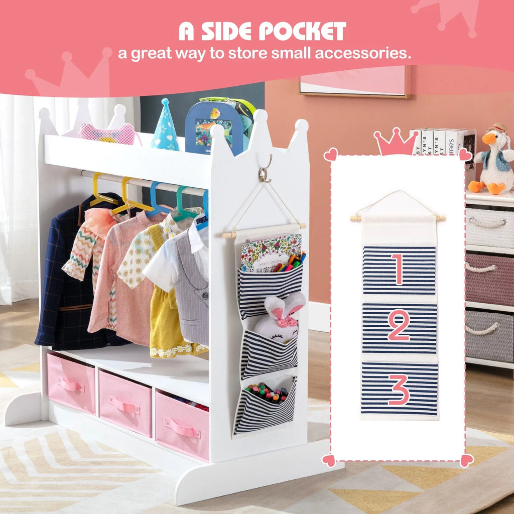 3 Drawers Top Dress Up Closet Girl Lovely Corner White Wardrobe Armoire Side with Storage, Mirror, Bedroom Pocket Kid