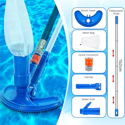 Pond Above Pool Pool Vacuum Poles Net, Jet to Handheld Hose Fountains Attaches Handheld Pool 4 Cleaner Skimmer Pool Garden Vacuum Cleaner Upgraded for with Portable Spa Section Ground of 60",