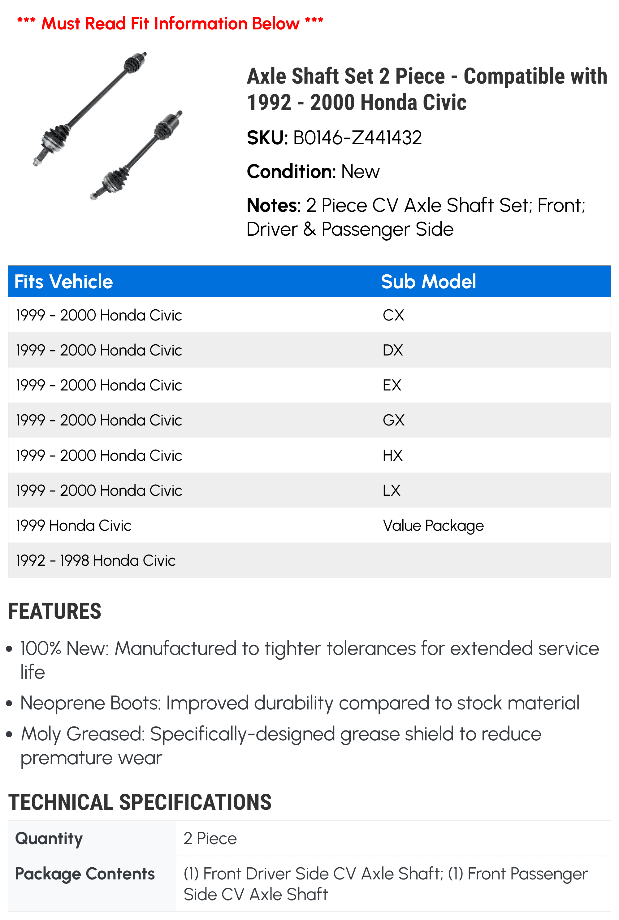 1993 Axle Shaft Compatible 1997 1999 2000 2 1994 - with 1998 1995 Honda Set 1996 1992 Civic Piece -