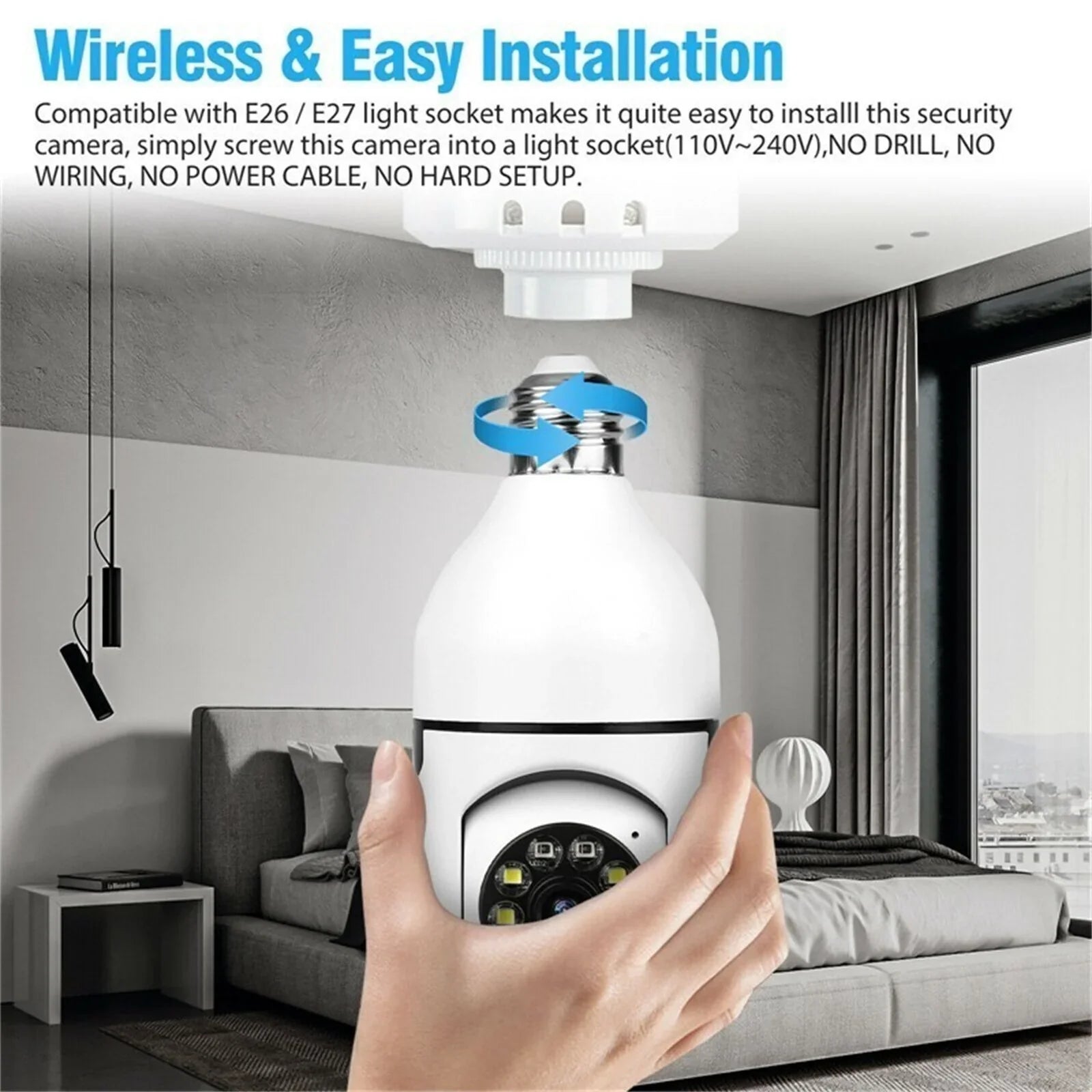 Wireless Bulb Camera, Security Night Monitor Security 1080P Infrared &5G HD Light Vision, 2.4G 2PCS IP Cam (Supports Camera, Wi-Fi) White WIFI E27 with