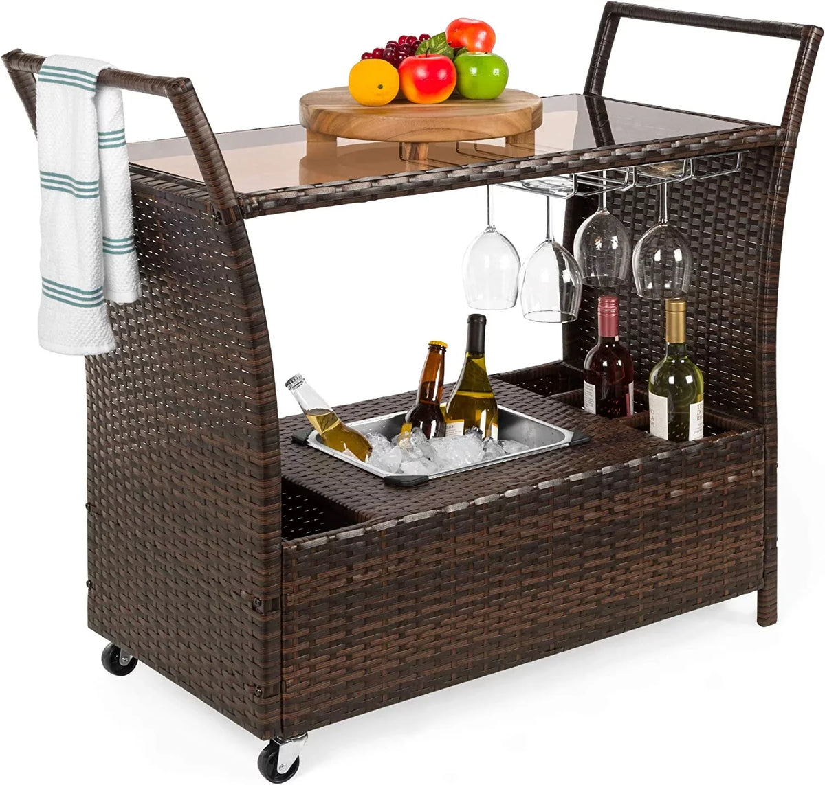 '- Storage Compartments w/Removable Countertop, Rolling Glass Brown Wicker Bar Ice Holders, Glass Cart Wine Bucket, Outdoor