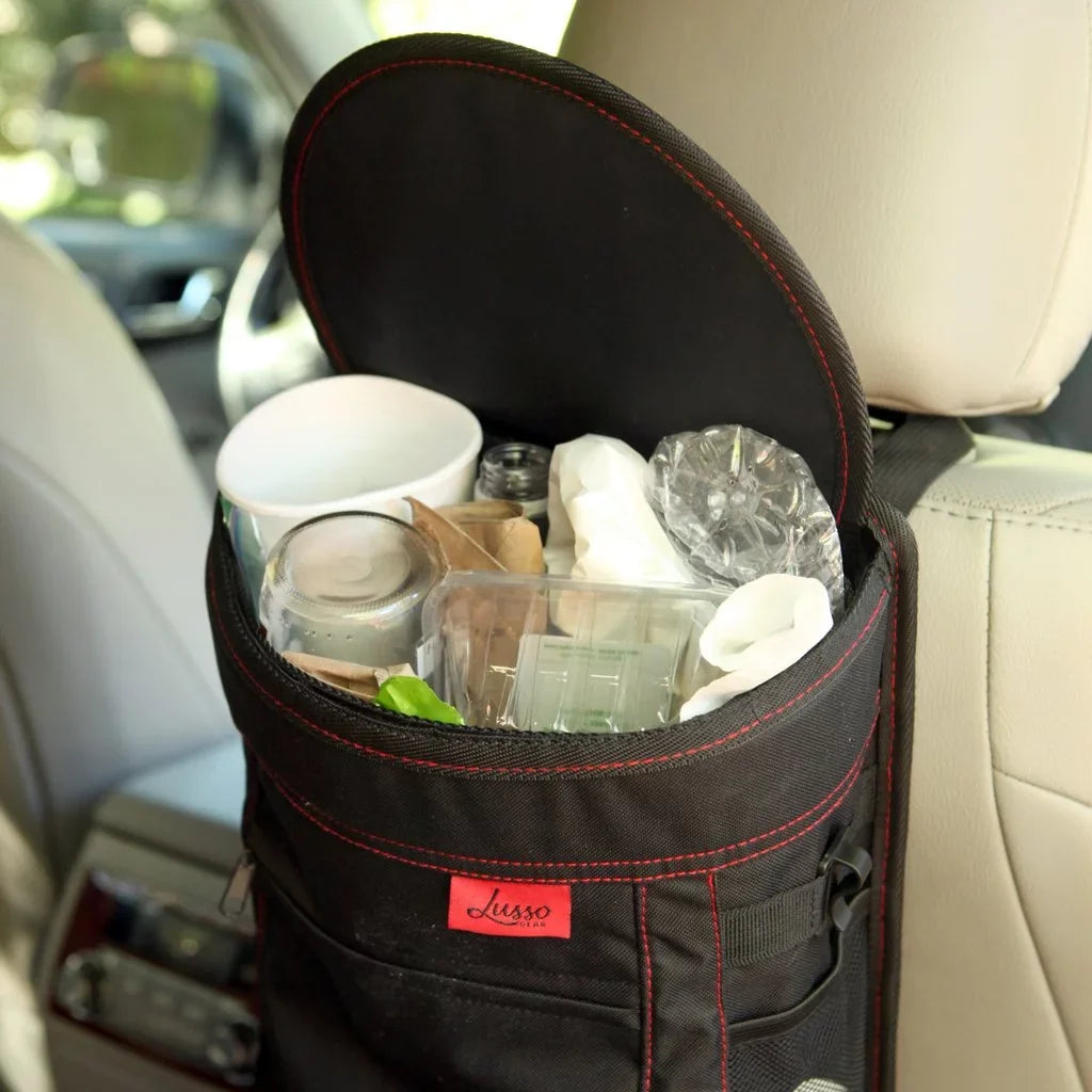 Car | with Hang Can Stitching Trash 2.5 Leakproof Gallon, | | Flip Removable Garbage Hanging, | Capacity, with Large Vinyl Lid Bin or Black Open Lusso Gear | Liner Red Mount