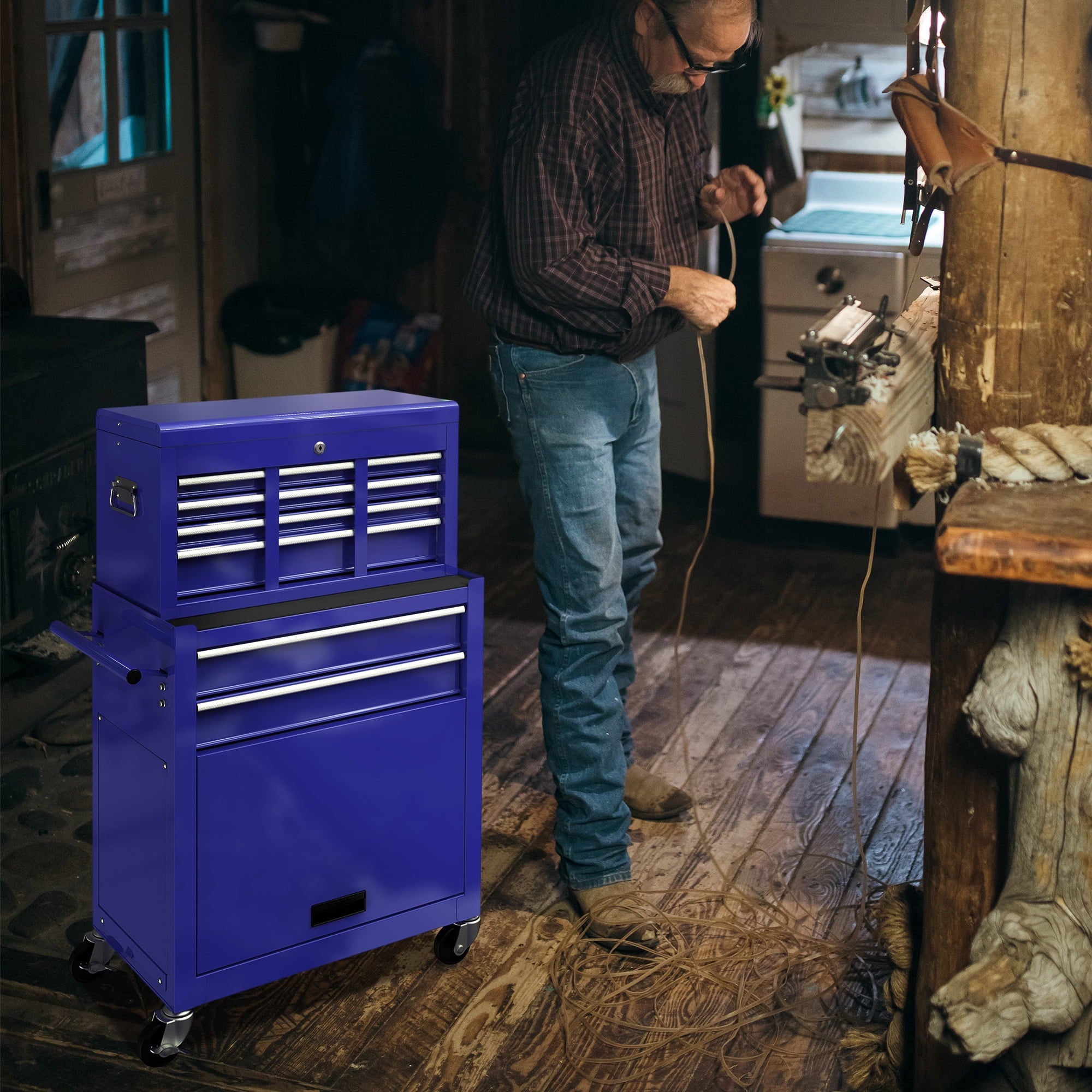 & Tool Tool Box, Wheels Chest 8 On 2-IN-1 Double Tool Box Drawers, Lockable Organizer Drawers, Cabinet Capacity Blue Chest with Drawers, with Sliding Rolling Large with Tool Hidden