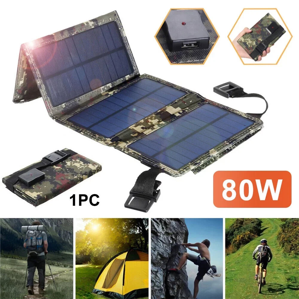 USA Solar Outdoor Power Phone Hiking 80W Panel Charger JLLOM Camping Bank Folding USB