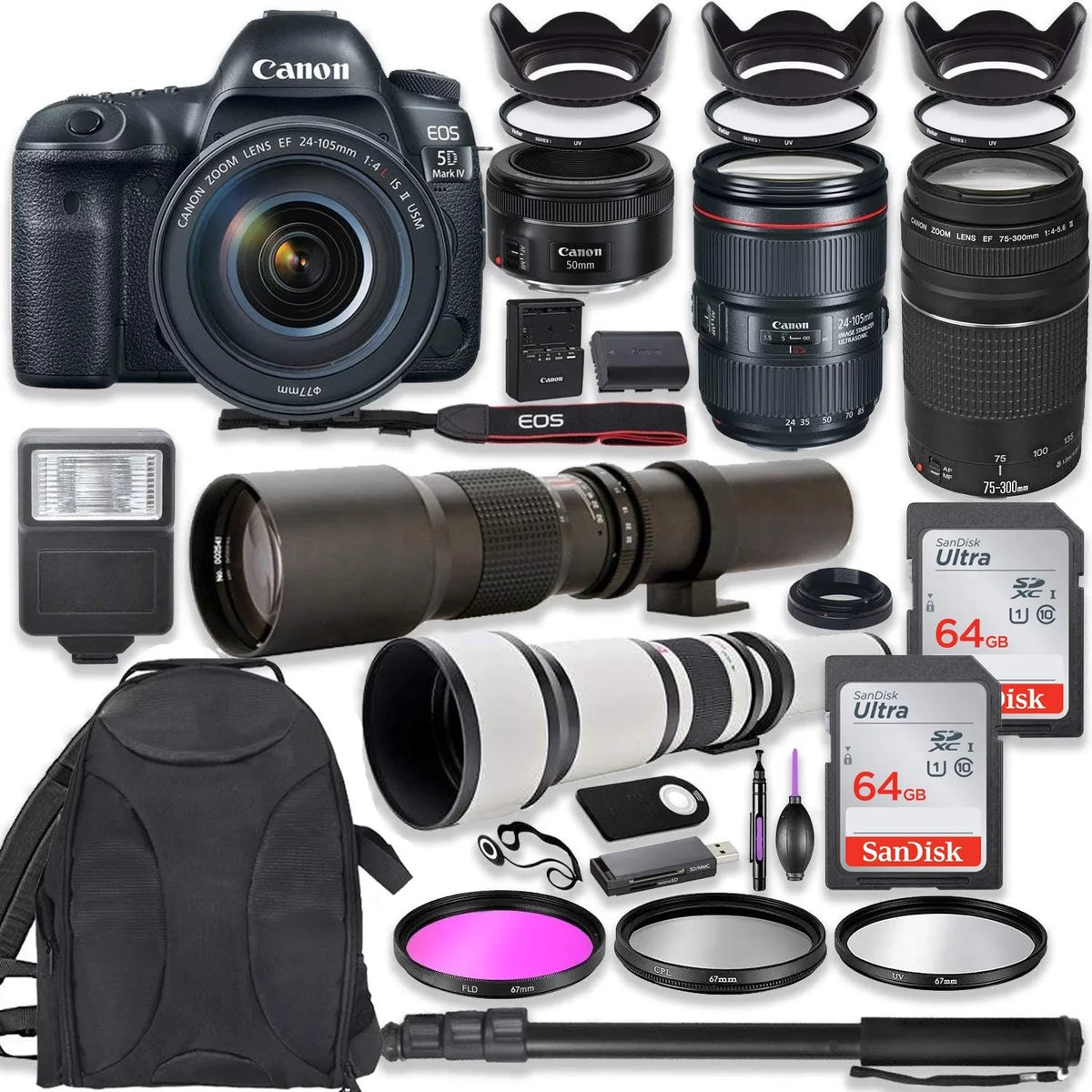 50mm Lens, Lens Memory + + Canon 500mm Lens Bundle EF Bundle 128GB Professional USM 5D Lens 24-105mm Canon Backpack + Monopod w/ DSLR Camera Mark & + IV III + EOS 650-1300mm 75-300mm Canon f/1.8,