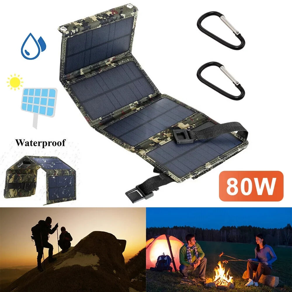 USA Solar Outdoor Power Phone Hiking 80W Panel Charger JLLOM Camping Bank Folding USB