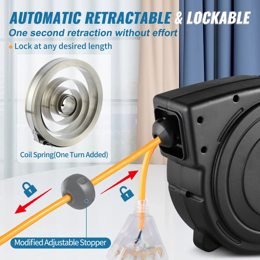 UL Cord Reel 45FT Extension Retractable BENTISM Power Reel 12AWG/3C SJTOW Cord