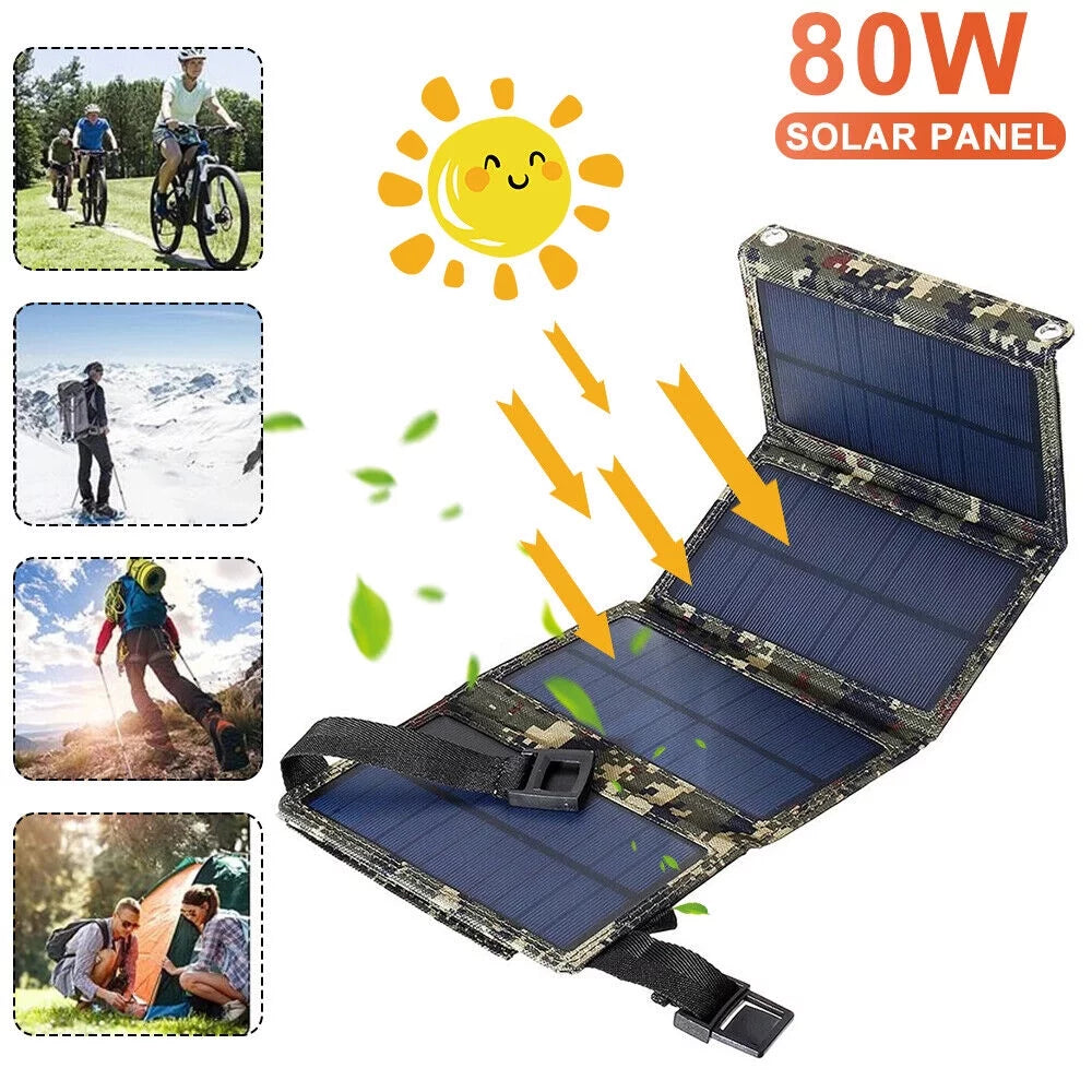 USA Solar Outdoor Power Phone Hiking 80W Panel Charger JLLOM Camping Bank Folding USB
