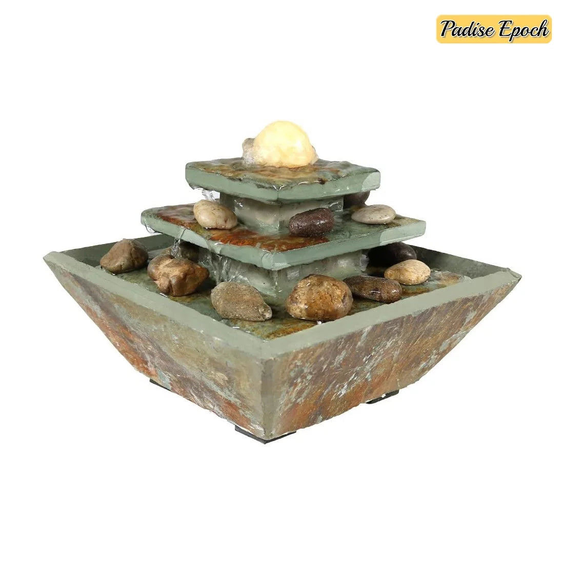 Tie with 8 - Home Ball Polished and Corded for Fountain Inch LED Stone Tabletop Bedroom Decor Accent Ascending Office, Living Light Electric Water - or Room - Slate