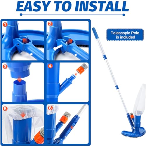 Pond Above Pool Pool Vacuum Poles Net, Jet to Handheld Hose Fountains Attaches Handheld Pool 4 Cleaner Skimmer Pool Garden Vacuum Cleaner Upgraded for with Portable Spa Section Ground of 60",