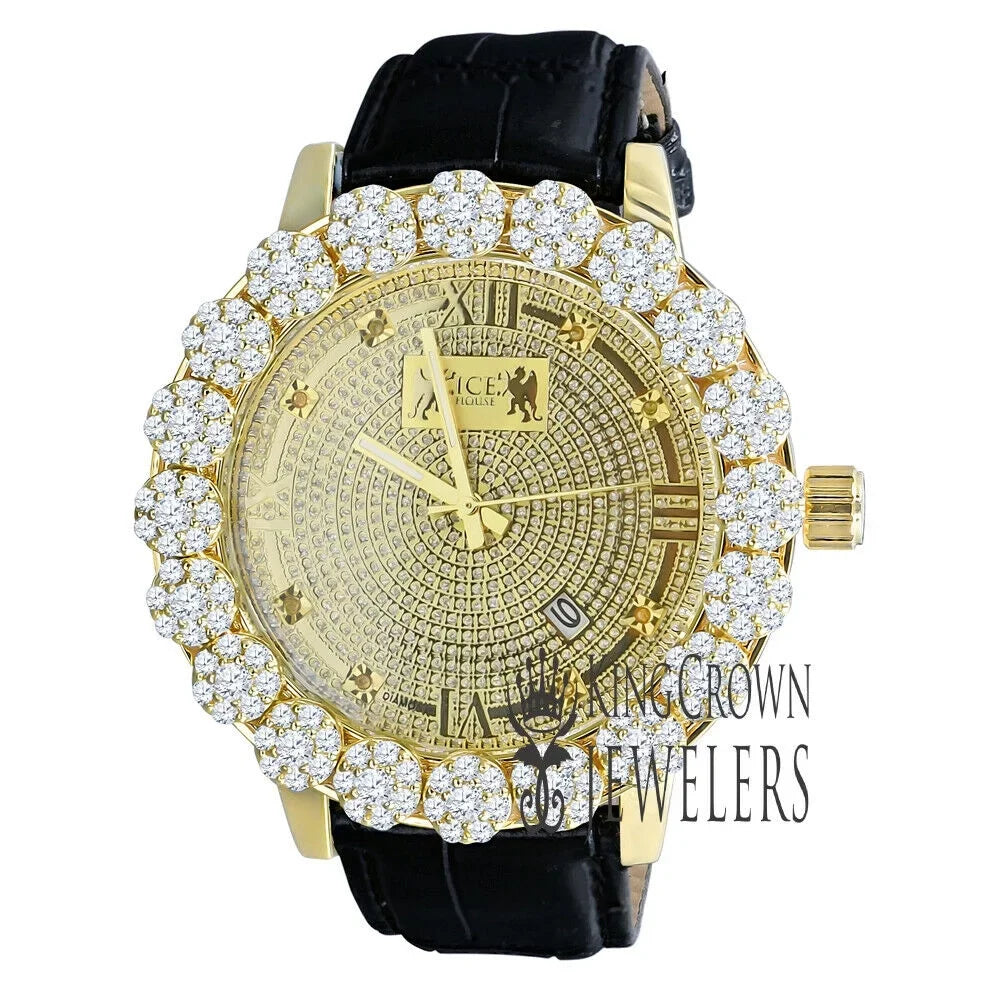 Dial Bezel Khronos Tone Gold Genuine Wrist Roman Genuine Diamond Face Watch Flower W/Date Leather Mens
