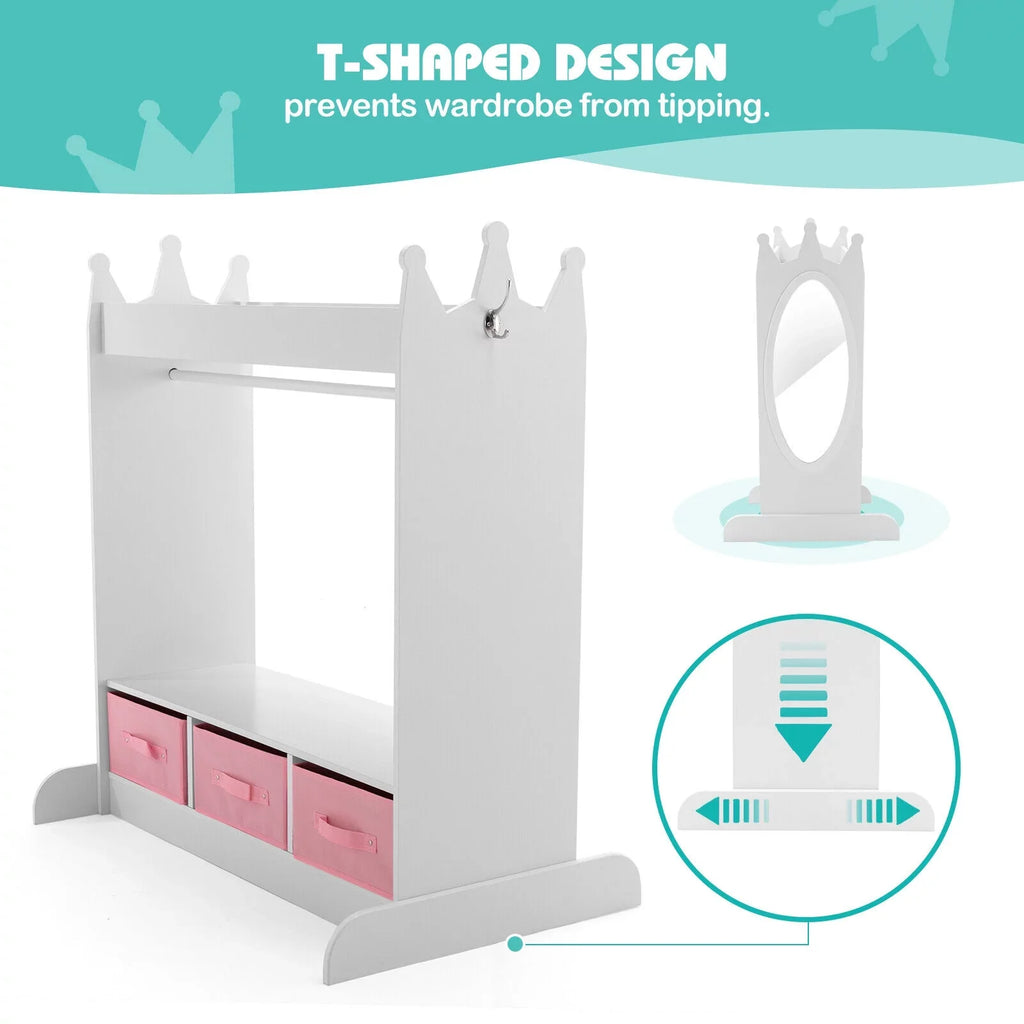 3 Drawers Top Dress Up Closet Girl Lovely Corner White Wardrobe Armoire Side with Storage, Mirror, Bedroom Pocket Kid
