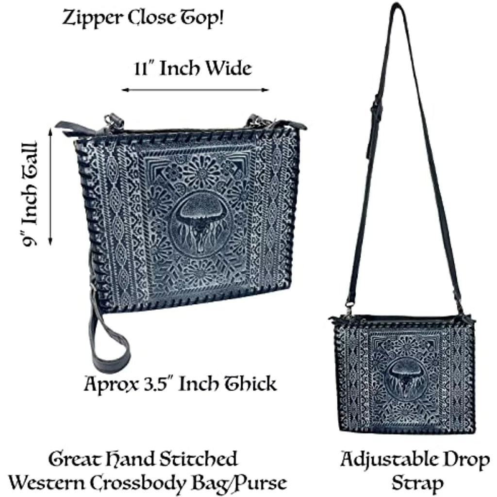 Skull Genuine Leather (Blue) Stitched Tote Large Cow Urbalabs Tooled Western Hand Longhorn Crossbody Handbag Purse Bag