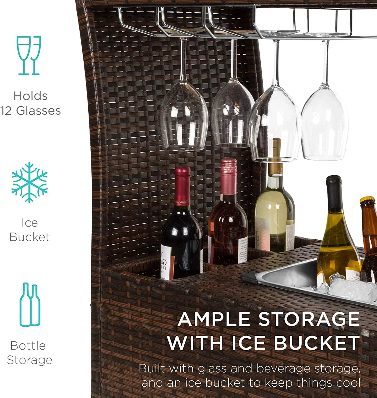 '- Storage Compartments w/Removable Countertop, Rolling Glass Brown Wicker Bar Ice Holders, Glass Cart Wine Bucket, Outdoor