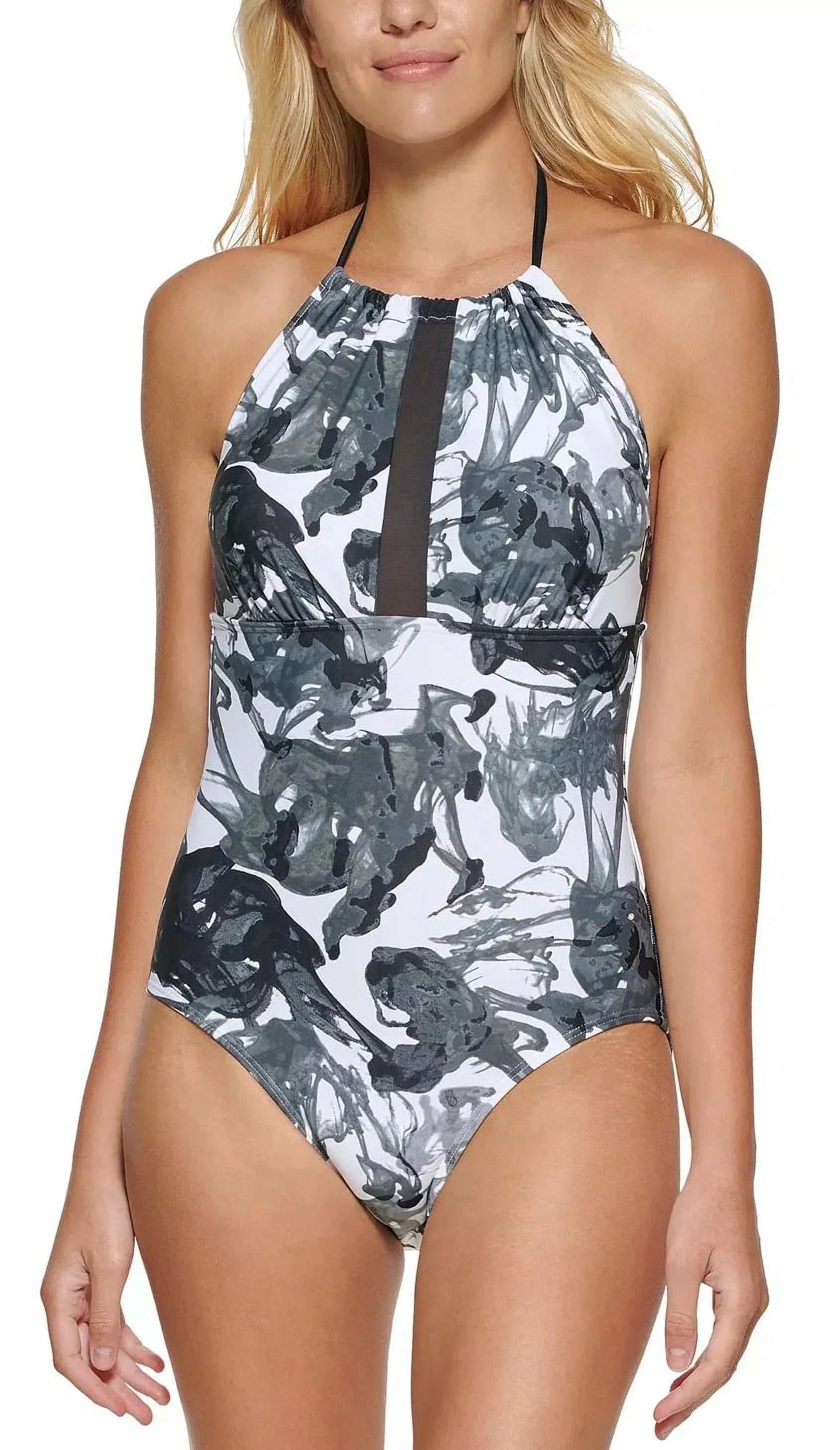 One-Piece Halter High-Neck Calvin Klein MULTI BLACK SMOKE INK Swimsuit, US 16
